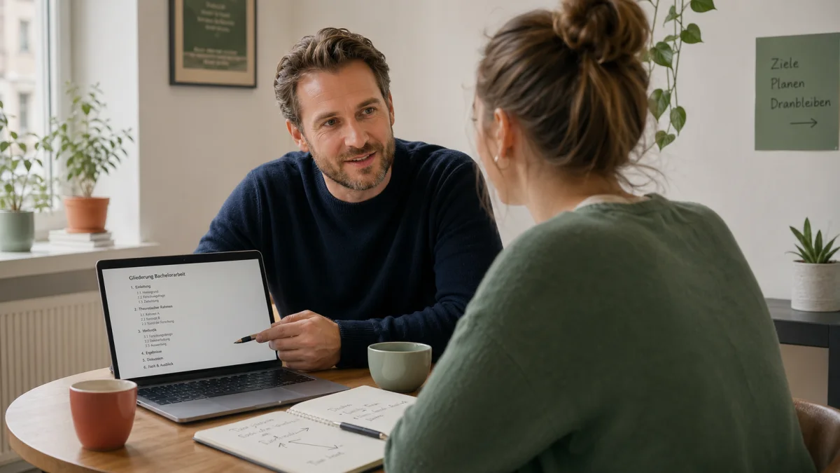 Dr. Johannes Weigl im Coaching-Gespräch mit einer Studentin am Tisch, beide schauen auf einen Laptop