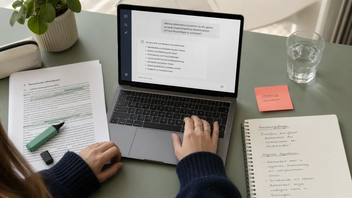 Studentin am Laptop mit ChatGPT-Interface neben handschriftlichen Notizen einer Bachelorarbeit