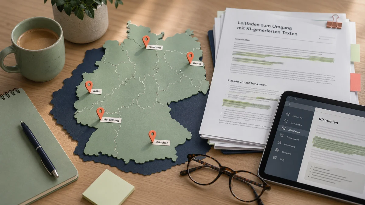 Stilisierte Karte Deutschlands mit verschiedenen Universitätsstandorten und KI-Symbolen
