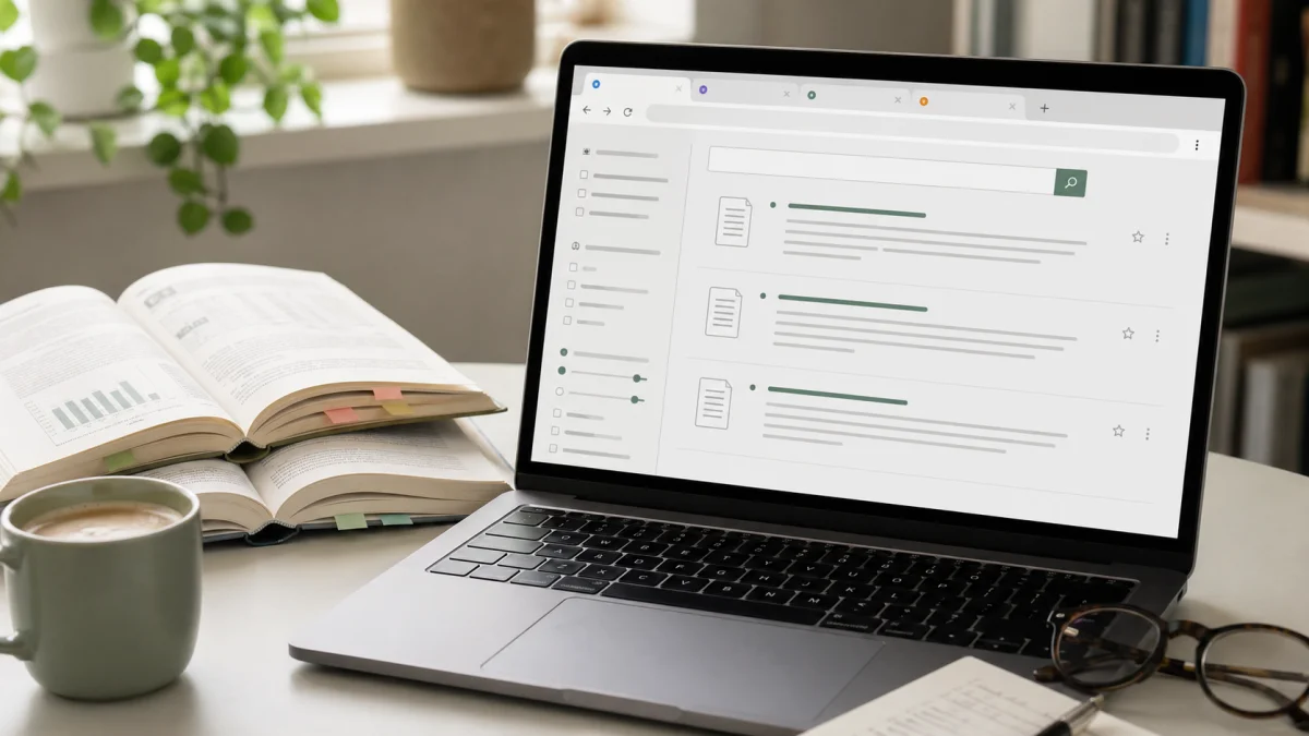 Vier Browser-Tabs offen mit den Logos von Perplexity, Elicit, Consensus und Scite