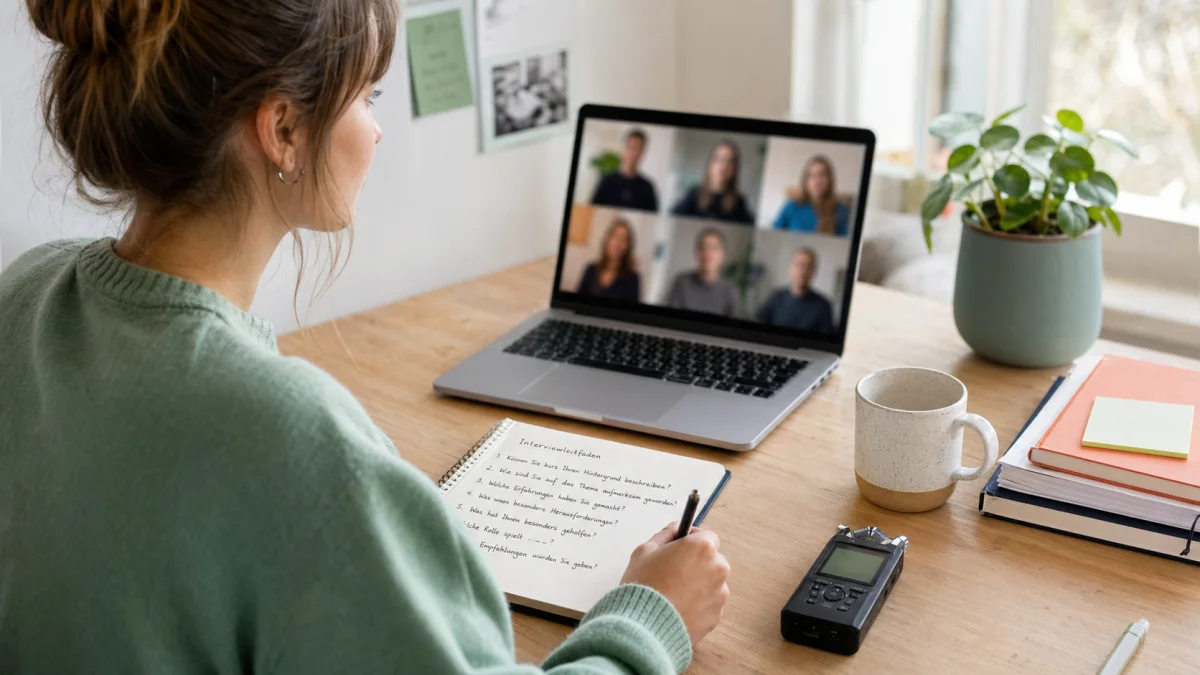 Studentin führt ein Experteninterview per Videocall, Notizen und Aufnahmegerät auf dem Schreibtisch