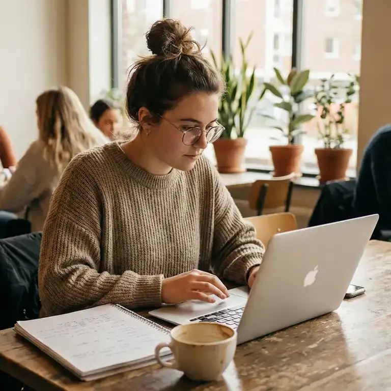 Studentin arbeitet an Hausarbeit im Café