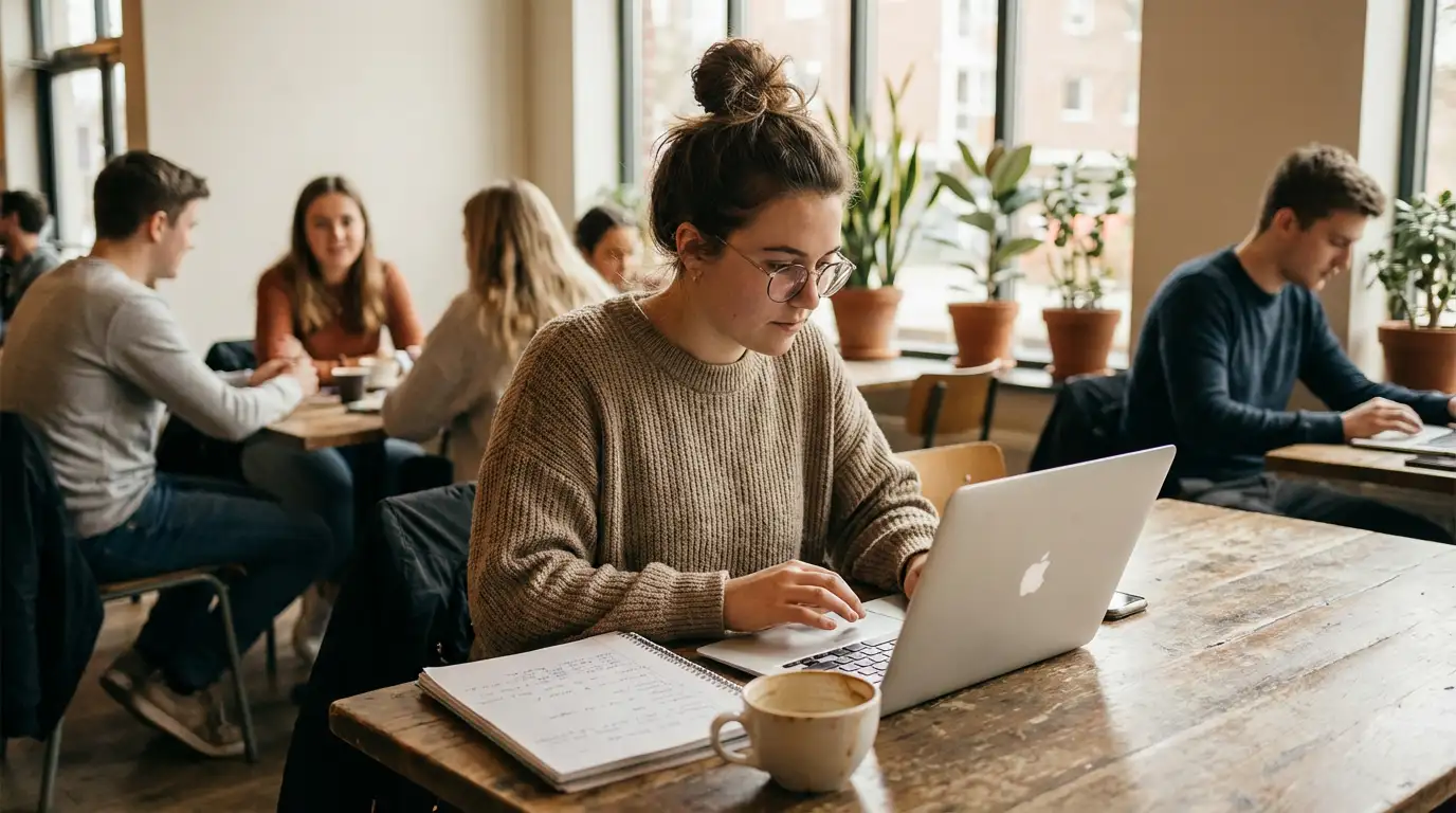 Studentin arbeitet an Hausarbeit im Café