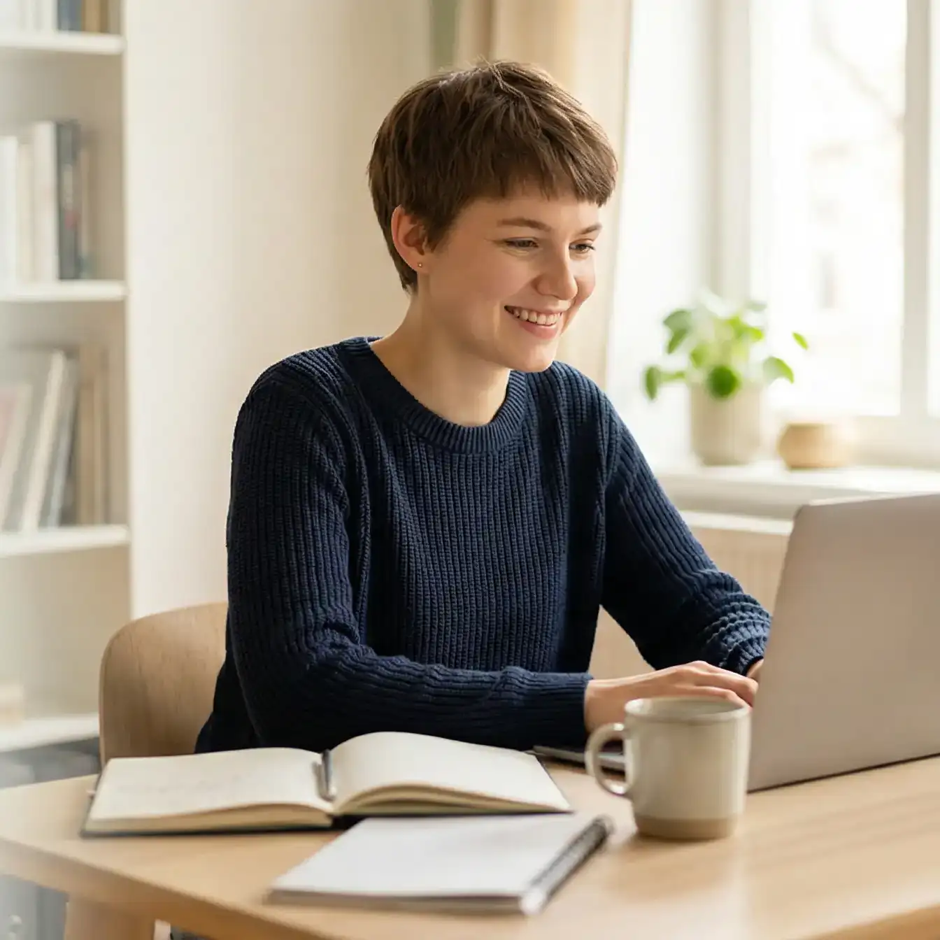 Studentin arbeitet am Laptop in hellem Arbeitsbereich