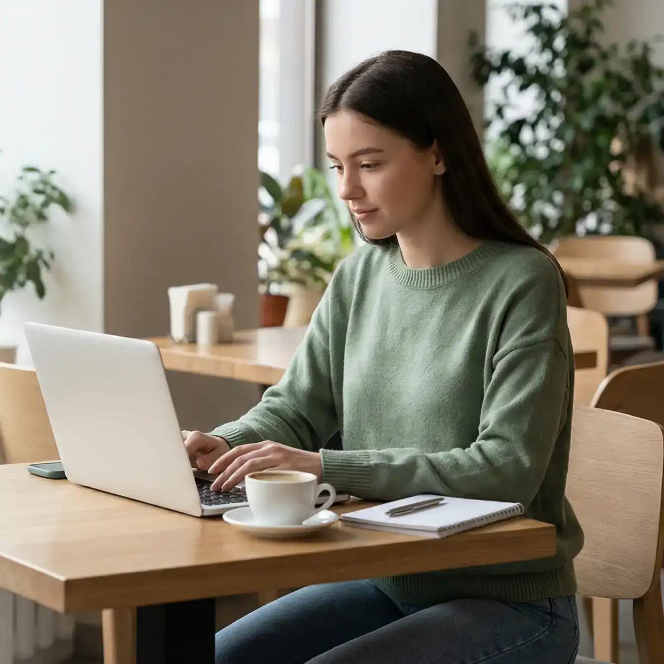 Studentin schreibt Seminararbeit in modernem Arbeitsraum