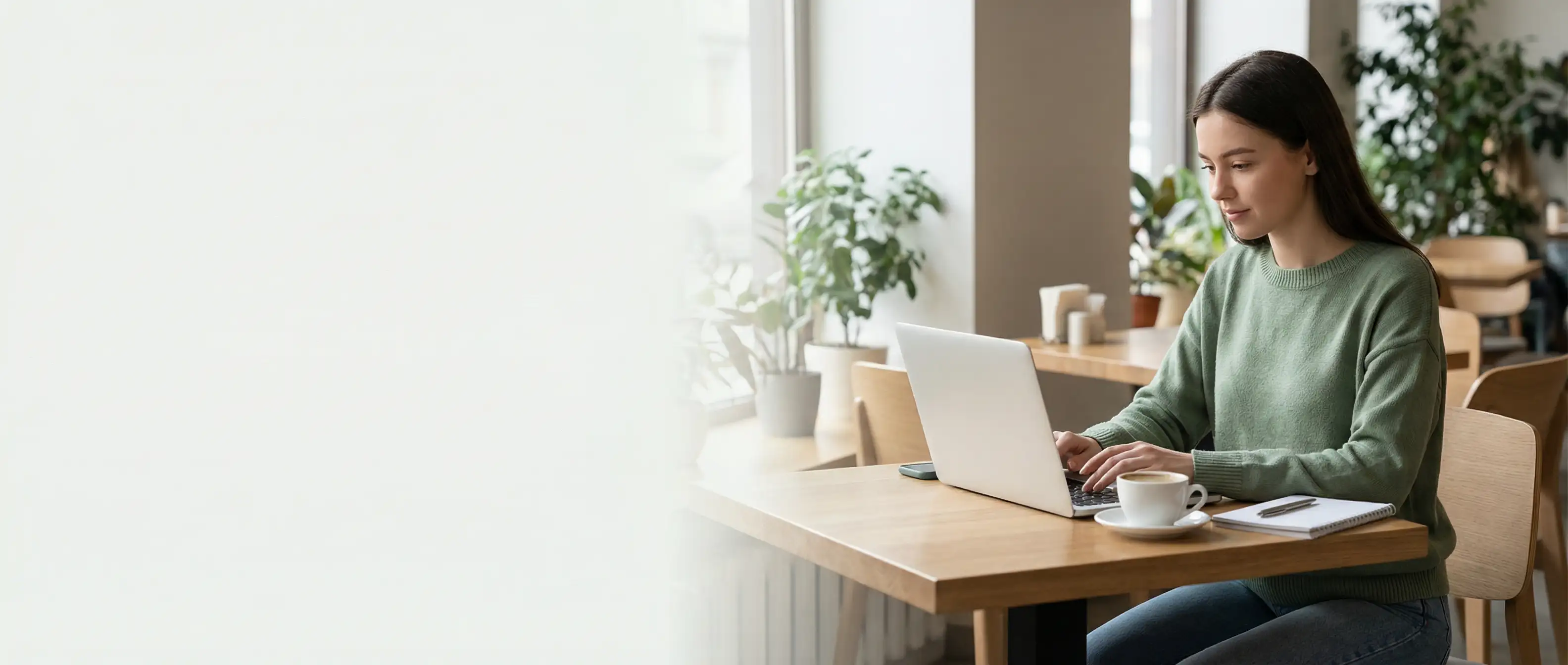 Studentin schreibt Seminararbeit in modernem Arbeitsraum